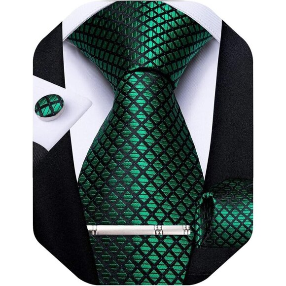 🆕Men Green Plaid Silk Checkered Necktie Pocket Square Cufflinks Tie Clip Set